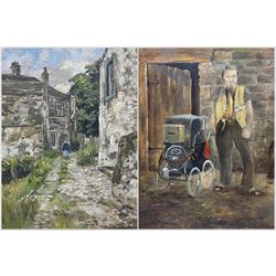 Lewis Creighton (British 1918-1996): The Postman, oil on board signed 50cm x 40cm; Thomas Leslie Kerkham (British 1918-1986): Cottage Landscape, oil on board signed 49cm x 40cm (2)