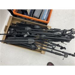 Two Shure SM58 microphones, Gatt Audio DM-700 microphone, other boxed and unboxed microphones and various microphone and music stands