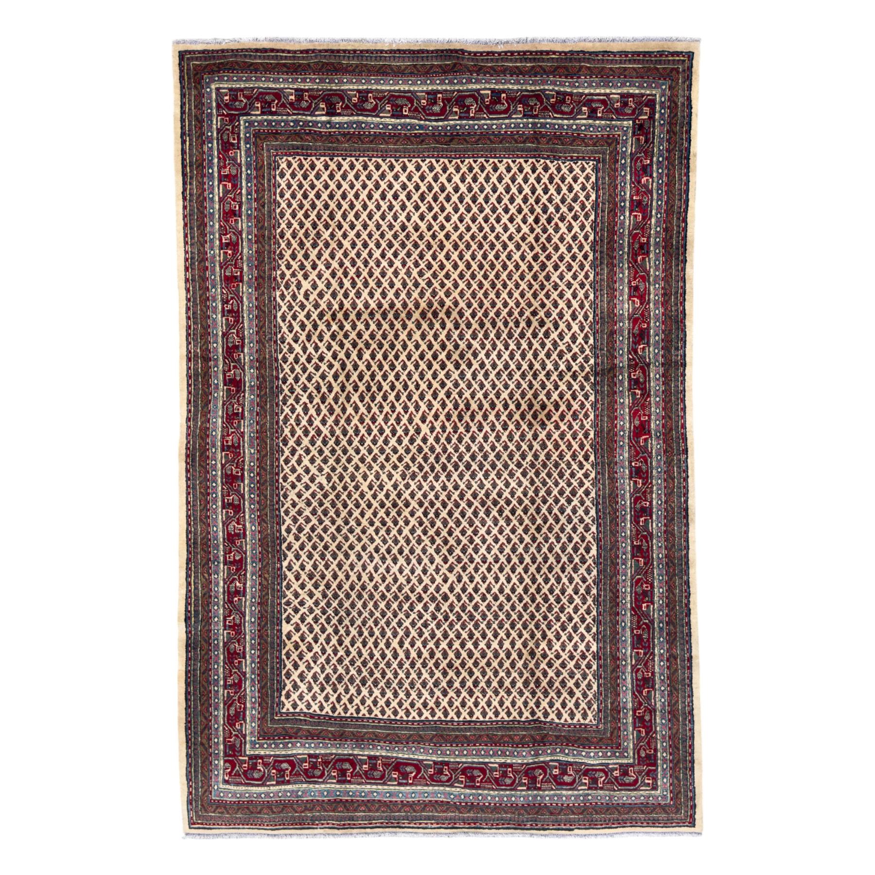 Northwestern Persian Bottehmir hand-knotted rug, ivory field with an all-over design of boteh motifs arranged in diagonal rows within multiple borders and a primary madder red field with stylized vine and flowerhead motifs, 320cm x 214cm 
