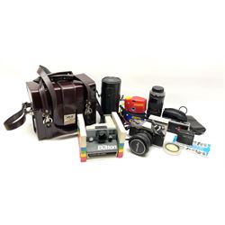 Vintage and later cameras and accessories including Minolta X-300 in carry bag, Tamron lens etc