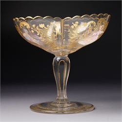 Lobmeyr style tazza, of quatrefoil form with painted enamel figures, H12cm 