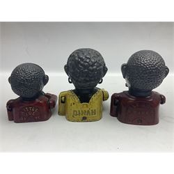 Three early 20th century cast-iron mechanical money banks as a family group comprising mother 'Dinah' patented 1911, father 'Jolly Man' patented 1902 and son 'Little Joe' patented 1910 by John Harper & Co; all with the same hand-to-mouth action; parents H16cm (3)
