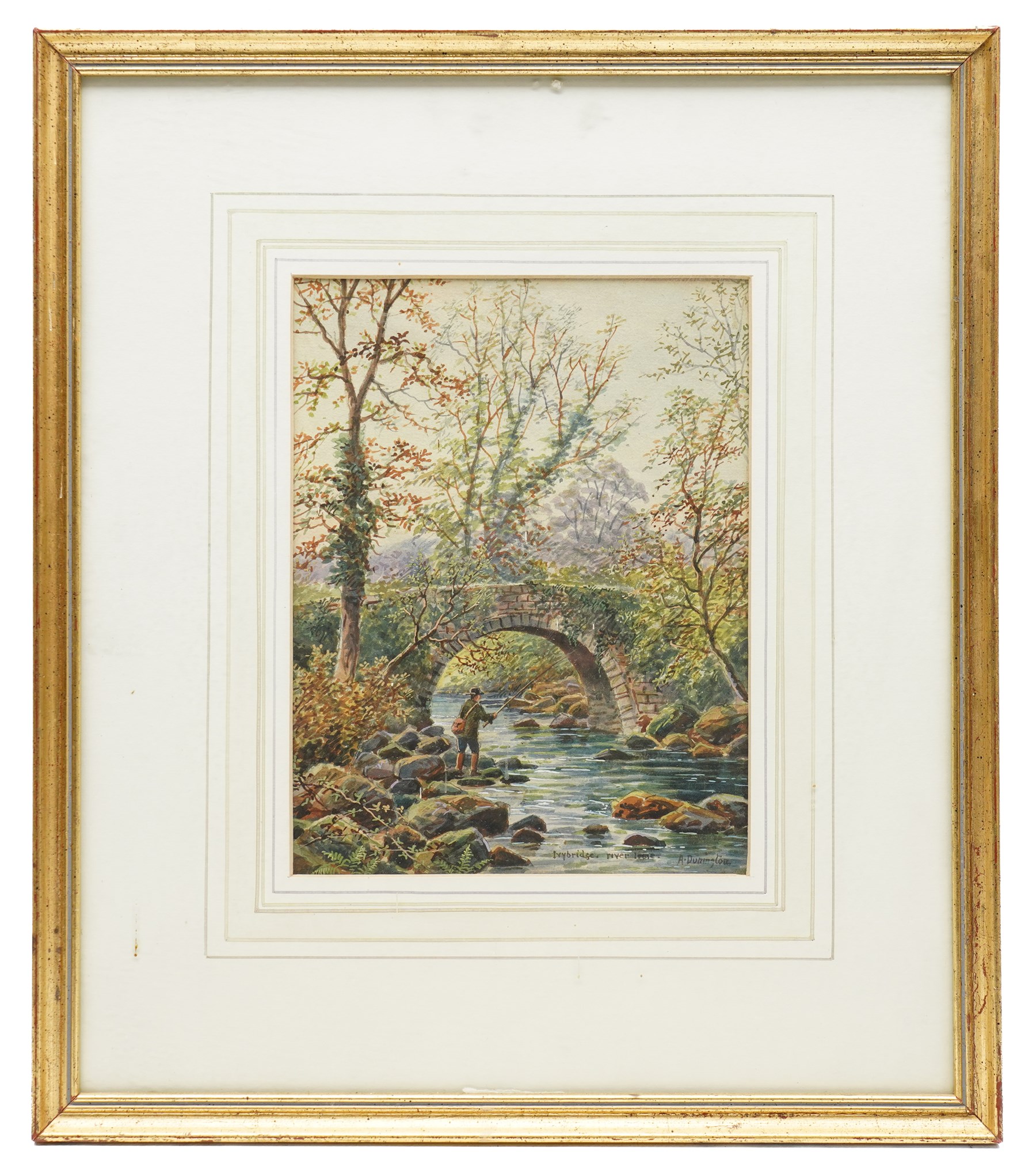 Albert Dunnington (British 1860-1928): Countryside Views and Angler by a Bridge, four watercolours signed and three dated 1915-23, three in matching frames max 25cm x 35cm (4)