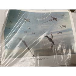 Collection of twenty-one unframed and seven framed prints of predominantly aviation interest after David Pritchard, Brian Petch, Stephen Teasdale, Barry Price, Coulson, Wardle etc; depicting Spitfires, Hurricanes etc; some limited editions with certificates and many bearing multiple signatures on the mount