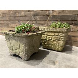 Pair of cast stone pattern tapering square planters, and a similar planter (3)