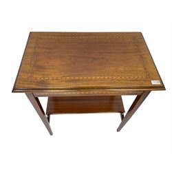 Early to mid-20th century inlaid mahogany occasional table, moulded rectangular top inlaid with satinwood and dotted banding, on square tapering supports joined by undertier