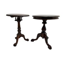 Georgian design mahogany pedestal occasional table, carved edge over birdcage action support, tripod base with acanthus leaf decoration and ball and claw feet (W50cm H70cm); Georgian design occasional table, circular top over vasiform pedestal with tripod base (W59cm H70cm)