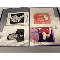 Two folders of over fifty photographs, cards, compliment slips etc of actors, actresses, celebrities, politicians, sports personalities etc, all bearing signatures, including David Frost, Lloyd Grosman, John Suchet, Julia Somerville and othe GMTV presenters, Carol Vorderman, Jackie Collins, Rolf Harris, Timothy Dalton, Pete Postlethwaite, Magnus magnusson, John Major, Kate Moss, Uri Geller, David Beckham, Peter Alliss, Sharon Davies, Kevin Keegan etc