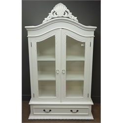 French style white finish armoire, pierced and carved cresting, glazed sides and two glazed doors, three shelves, above long drawer, W96cm, H161cm, D50cm  