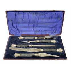 James Deakin & Sons five piece horn handled carving set, in blue velvet lined fitted case, L43cm