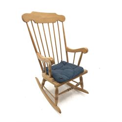 Bentwood beech framed rocking chair, shaped cresting rail, turned splat back, scrolling arms, W57cm