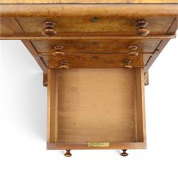 19th century burr walnut twin pedestal desk, rectangular top inset tooled green leather insert with moulded edge, frieze with three drawers with turned wooden pulls, raised on pedestal bases, containing three graduated drawers raised on plinth bases with castors