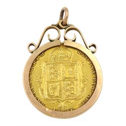 Queen Victoria 1887 shield back gold half sovereign coin, loose mounted in 9ct gold pendant