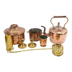 Copper kettle, together with other copper items and brassware 