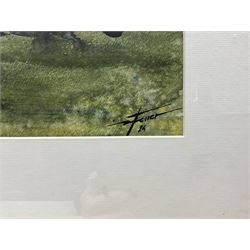 Diego Ferrer (Argentinian Contemporary):  Gaucho and Three Horses, watercolour signed and dated '24, 67cm x 50cm