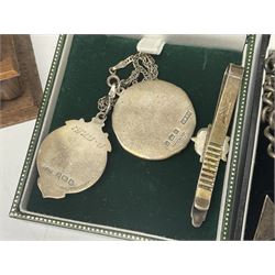 Victorian and later silver jewellery including fob with rose gold cartouche, cross pendant, enamel Yorkshire rose tie pin and fob bracelet,  together with an Edwardian silver vesta case, hallmarked Birmingham 1907, a wooden pocket watch case and three costume brooches 