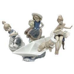 Four Lladro figures, comprising Recital no 5496, Sweet Scent no 5221, Little Stowaway no 6642, Bashful Bather no 5455, largest example H17cm