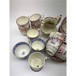 A group of pink lustre teawares, comprising nine tea cups, eleven saucers, jug, and boat, together with a small Gaudy Welsh coffee can, small coper lustre jug, 19th century mug with blue band and applied rose decoration, small 19th century relief moulded teapot with hinged pewter cover, and two 18th century Willow pattern tea cups. 