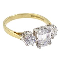14ct gold three stone emerald and round cut cubic zirconia ring, hallmarked 
