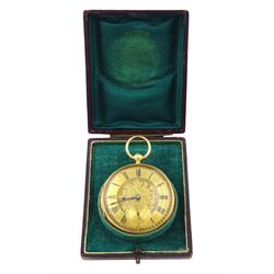 Victorian 18ct gold open face fusee lever pocket watch, No. 27704, gilt  dial with Roman numeral hour markers and subsidiary seconds dial, case by Wickes & Trahern, Chester 1887