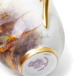 Royal Worcester cabinet cup and saucer, each painted with pheasants in a landscape, by James Stinton, each with backstamp in puce, teacup H5cm