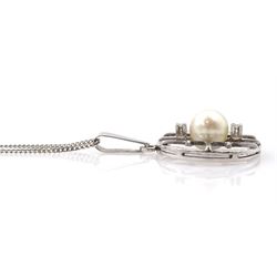 14ct white gold three stone pearl and round brilliant cut diamond circular openwork pendant, on silver chain