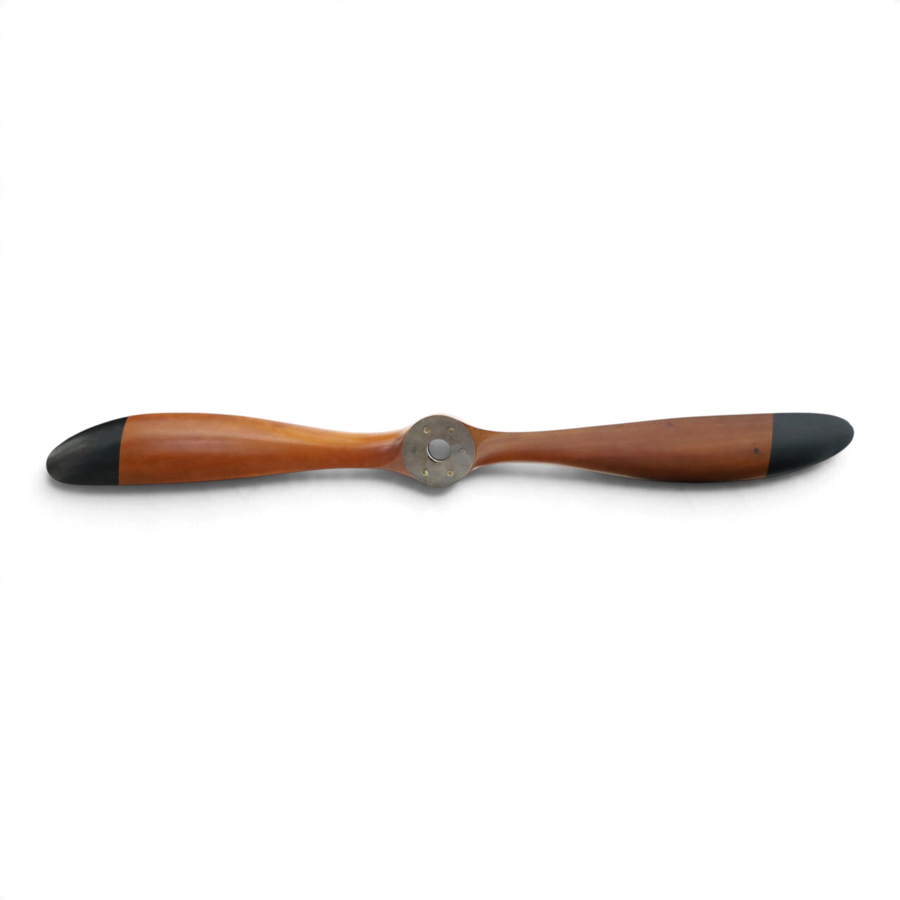 Aviation design two-blade mahogany propeller, shaped blades with black painted ends, central mounting aperture within a circular six-bolt metal hub plate