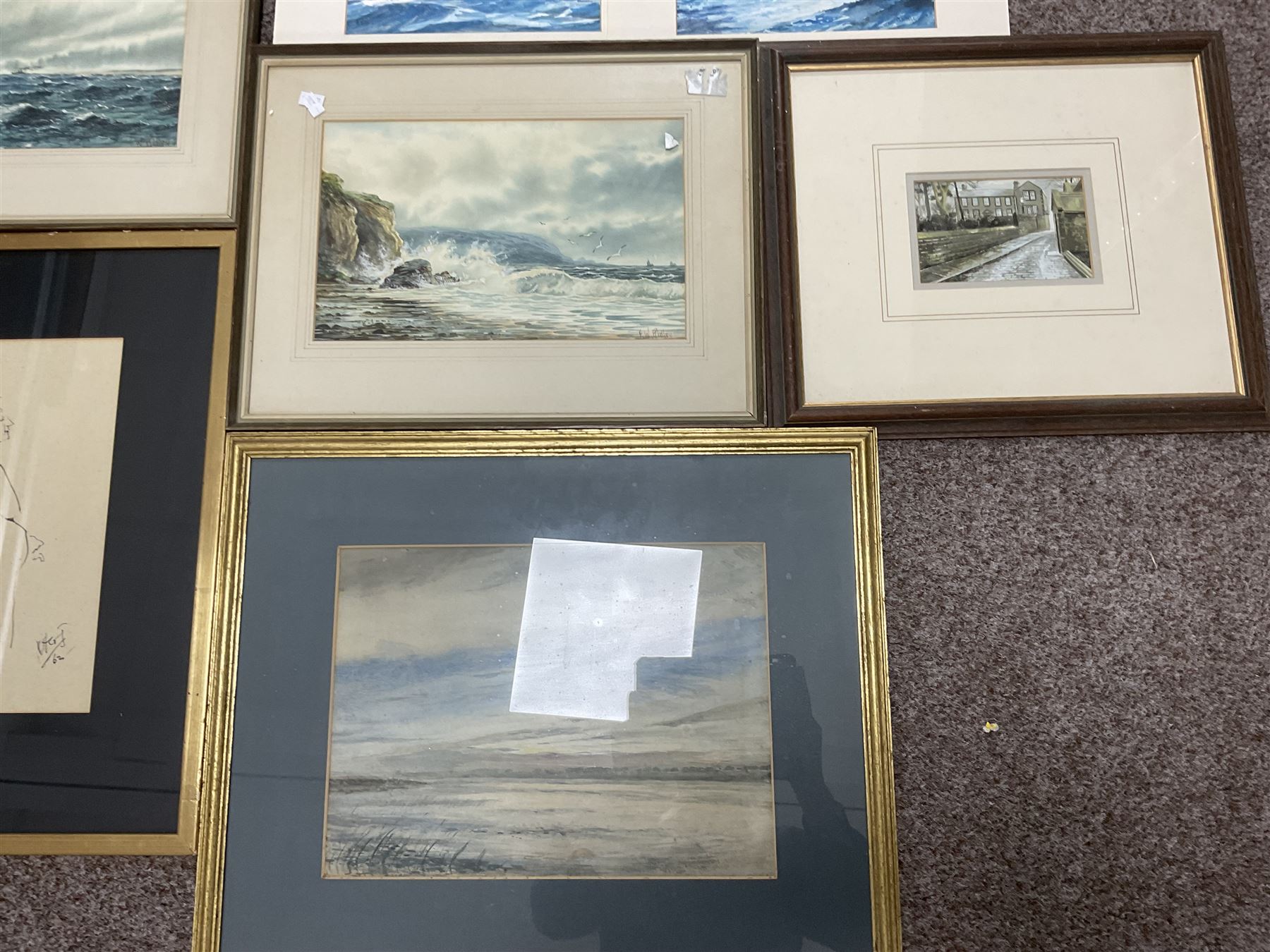 Collection of watercolours and other pictures, artists including FW Ridley (pair), AD Bell (pair unframed), James Orrock, Mel Fowler, Gianni, Michael Major (of Scalby Mills near Scarborough), still life oil in gilt frame, Whistler print, Japanese paintings on silk, etc