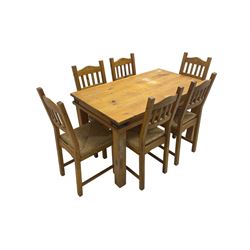Traditional pine dining table, rectangular top on square supports (W130cm D75cm H75cm); and set six pine chairs with rush seats (W42cm H95cm)