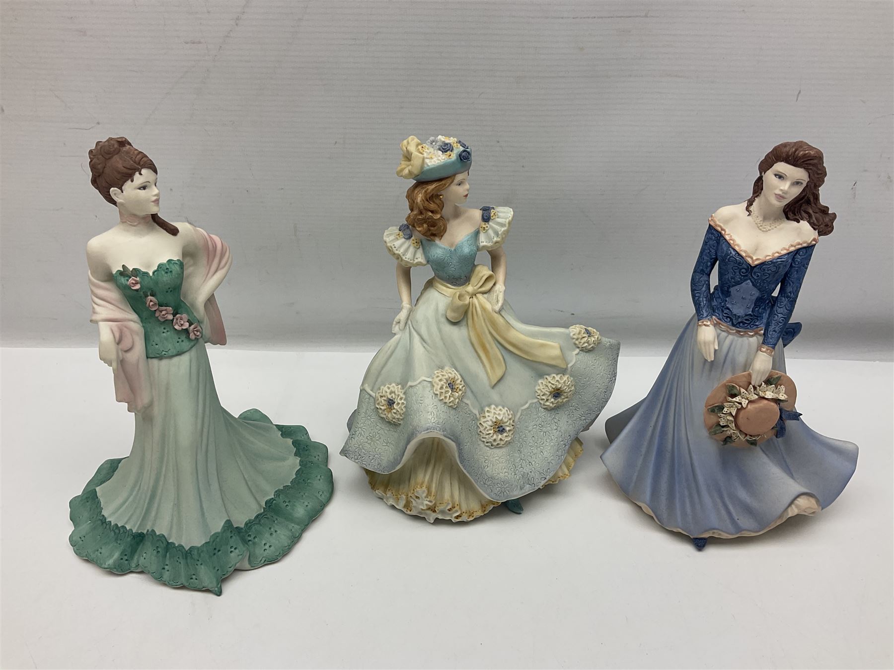 Eight Coalport figures of ladies, comprising five Age of Elegance examples to include Richmond Park, Summer Saunter and Touch of Spring, together with Beau Monde Isobel 1998, Valentine Debutante Eternity and Devotion