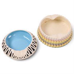 John Clappison for Hornsea pottery, four ashtrays and two twin handled vases, each with brightly coloured stripes on a white ground, largest vase H12cm