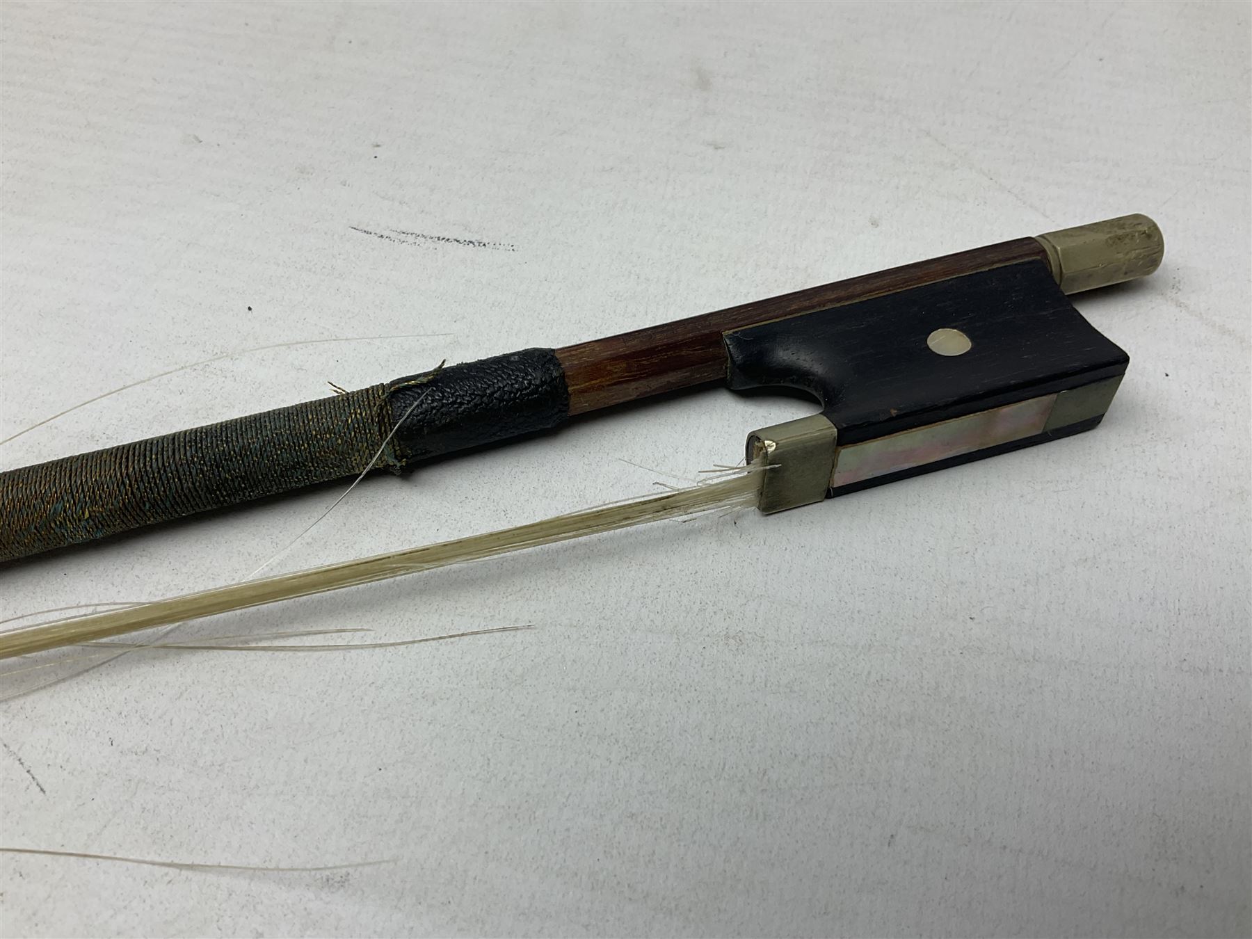 German trade violin 1950s with 36cm two-piece maple back and ribs and spruce top, bears label 'Johann Stainer in Absam prope Oenipontum 1650' L59cm; in carrying case with bow impressed Tourte