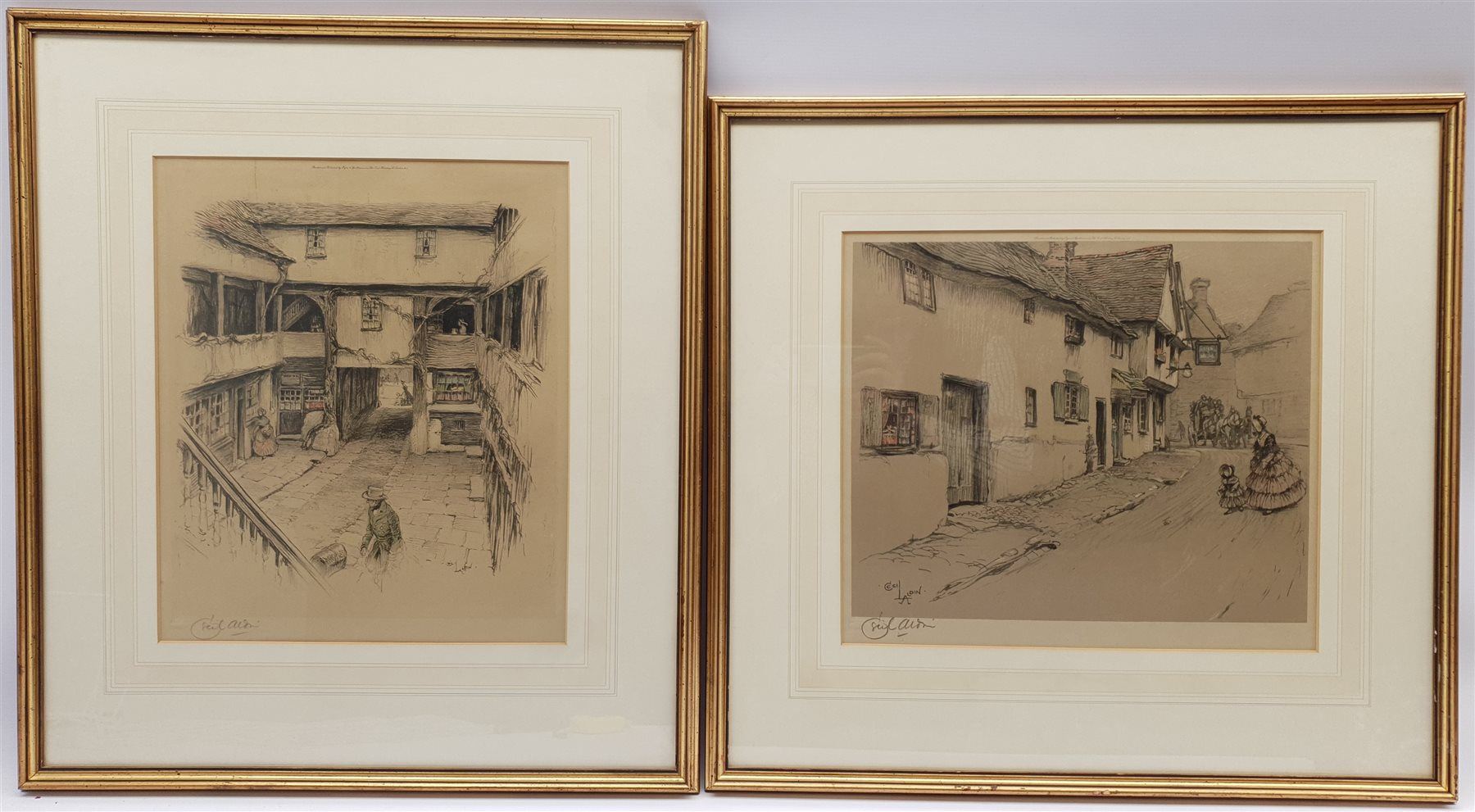 Cecil Aldin (British 1879-1935): 'The George Inn Dorchester' and 'New Inn Gloucester', two chromolithographs signed in pencil max  33cm x 39cm (2)