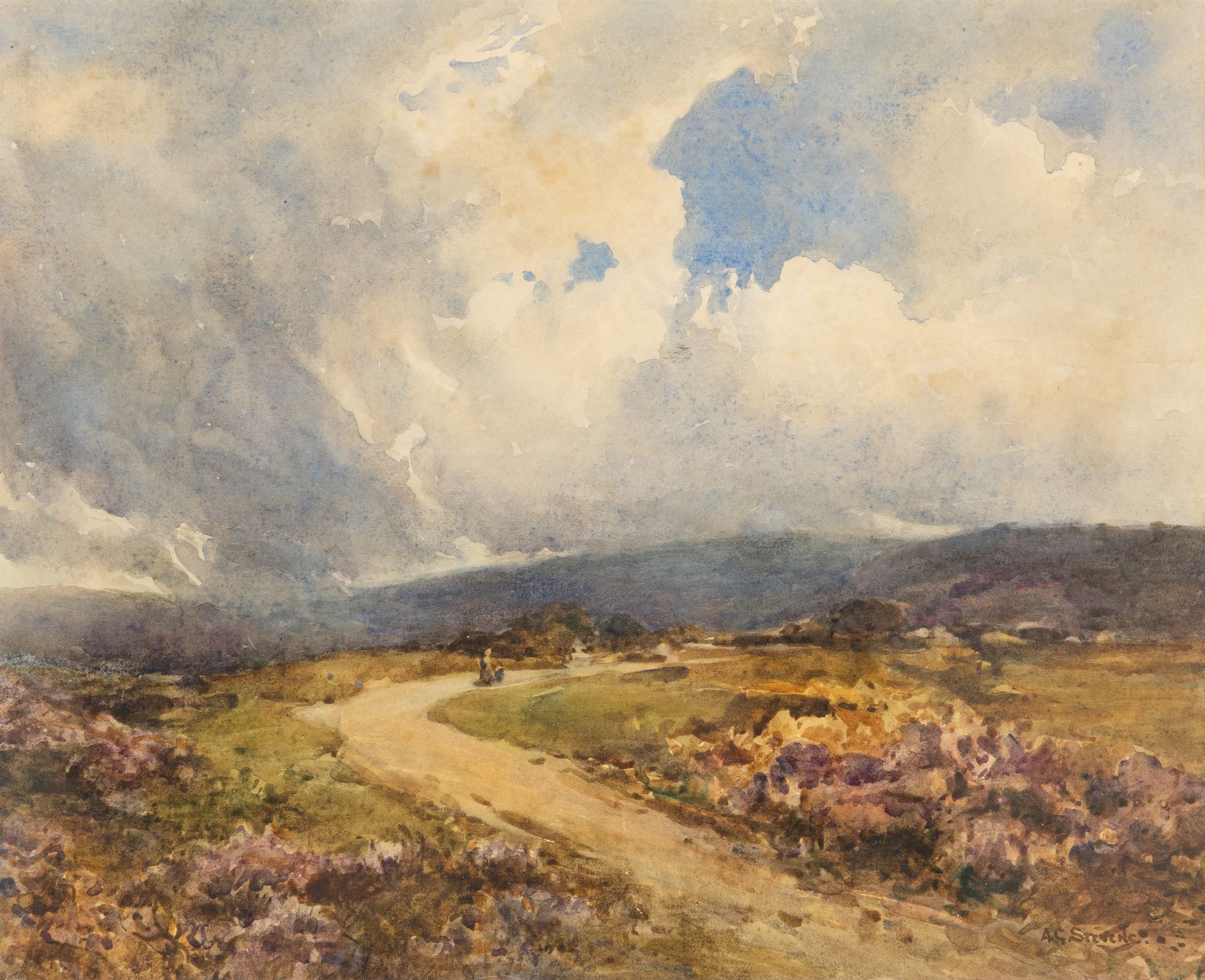 Albert George Stevens (Staithes Group 1863-1925): Figures on the Moors near Glaisdale, watercolour signed 24cm x 30cm
Provenance: sold Hartleys Ilkley 4th April 2012 Lot 667