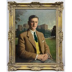 Frederick (Fred) William Elwell RA (British 1870-1958): 'Lt. Col. Norman R Grimston DSO', half length portrait with the family seat Grimston Garth in the background, oil on canvas signed and dated 1948, titled and inscribed verso 90cm x 70cm
Notes: Grimston was held, as part of the manor of Roos, from the mid-12th century by the Grimston family. The manor of Garton with Grimston passed down to Thomas Grimston
of Kilnwick-on-the-Wolds in 1780 who built the present Grimston Garth in 1781-6 as a summer residence. The estate descended in the family to Thomas’s grandson Marmaduke Grimston (1826-1879) the last of the male line. It was through his daughter Rose, wife of George Hobart, that it passed to their daughter Armatrude Rose Sophia Effie Bertie, Lady Waechter in 1927. Lady Waechter, who took the additional name de Grimston, gave the estate to her cousin Norman Grimston in 1946, the last family incumbent who sold the house in 1949
Provenance: East Yorkshire private collection purchased Dee Atkinson and Harrison 16th July 1995 Lot 554
