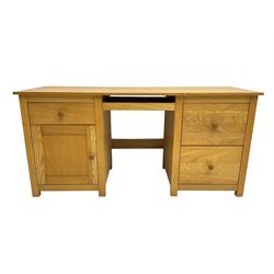 Solid ash twin pedestal desk, fitted with three drawers, cupboard and keyboard slide