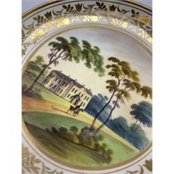19th century English porcelain plate, of dished form hand painted with central view of figure on horseback passing before a country house, within a gilt foliate scroll border, with inscription verso 'Tofts Norfolk the House of J. Paine Galway Esq', and paper labels including Christie's lot label, D20cm