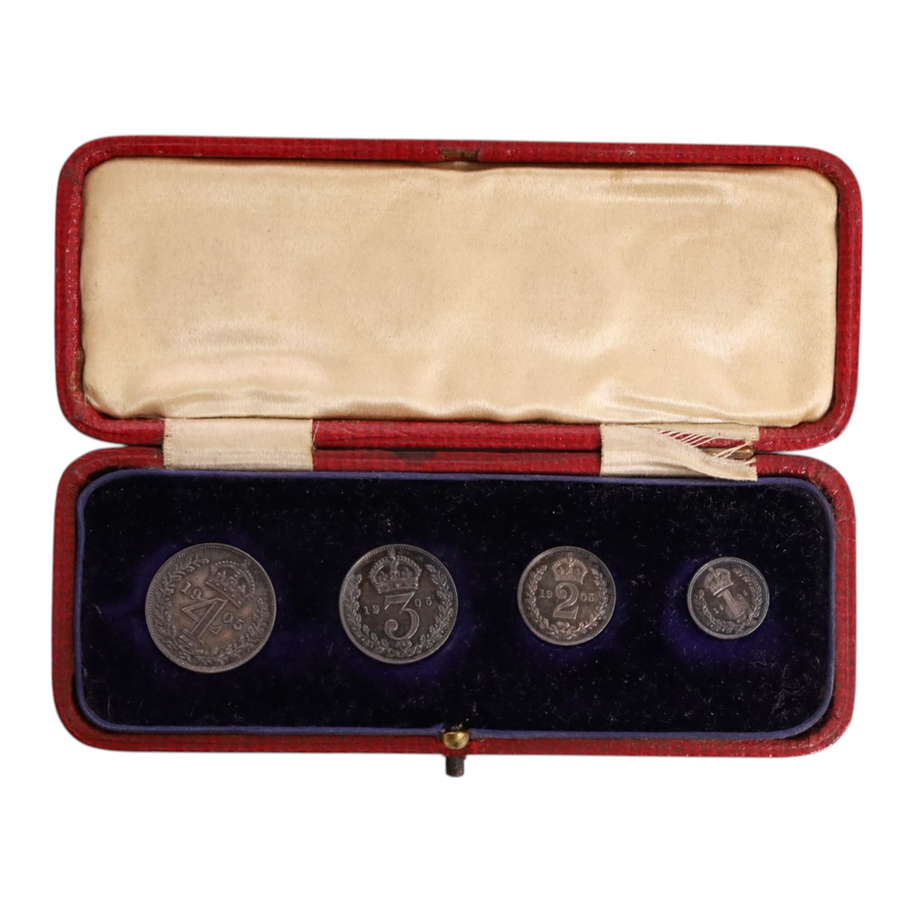 King Edward VII 1905 Maundy silver four coin set, in original tooled red leather case
