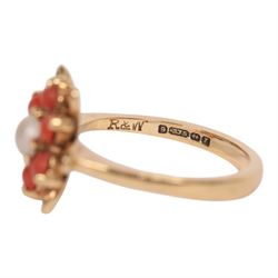 Gold coral and pearl ring and a gold three stone garnet ring, both hallmarked 9ct