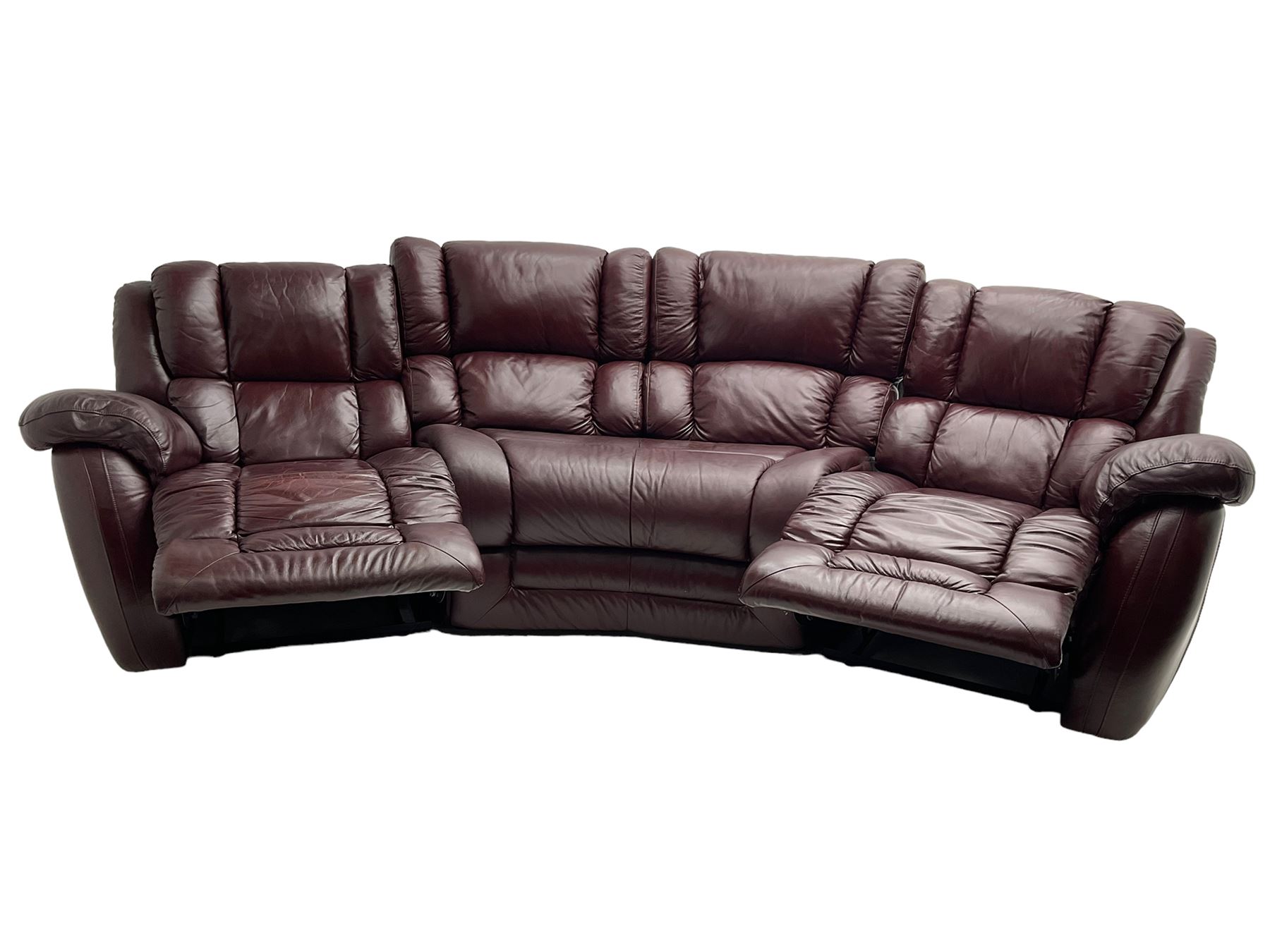 La-Z-boy - large three seat curved sofa, fitted with with end recliners, upholstered in maroon leather