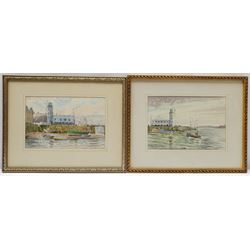 Edward H Simpson (British 1901-1989): 'The Inner Harbour Scarborough' and Scarborough Lighthouse in Calm Waters, near pair watercolours signed, one titled verso 15cm x 22cm (2)