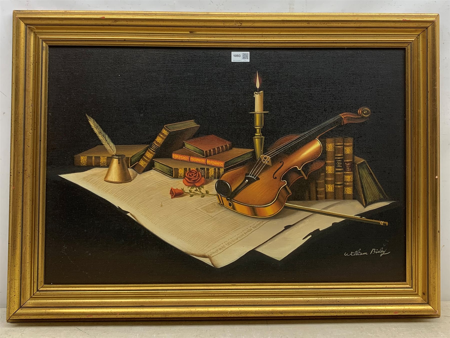 William Bisley (20th century): Still life of a Violin and Library Artefacts, oil on canvas signed 49cm x 75cm 