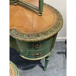 Edwardian Adam Revival green-painted and parcel gilt kidney-shaped dressing table, raised triple mirror back with shaped cresting, leather inset top within a trailing floral painted band and foliate carved edge, fitted with five drawers decorated with urn and floral bouquets, on turned supports painted with acanthus leaves and draped festoons; together with matching stool with cane seat 