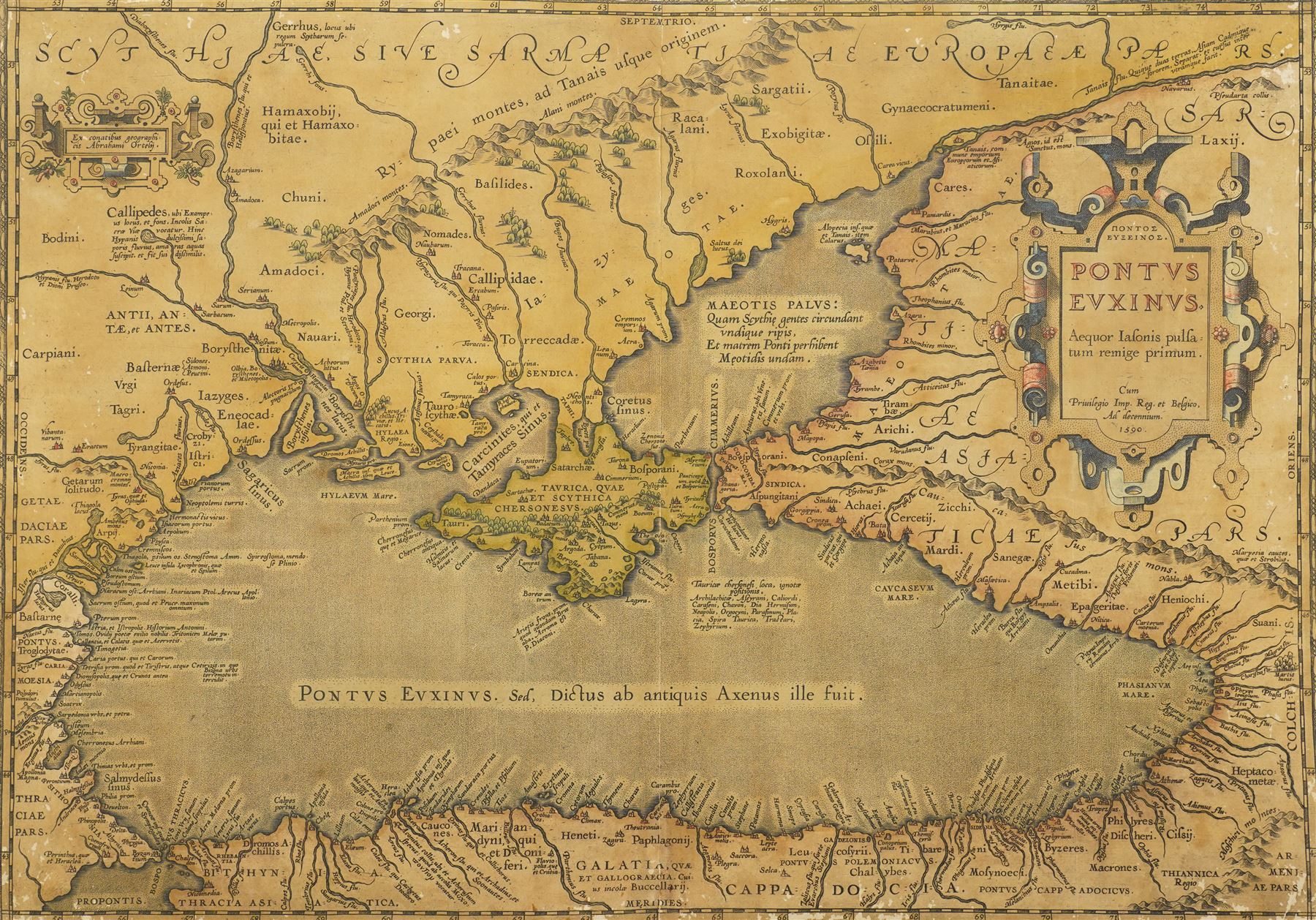 Abraham Ortelius (Belgian 1527-1598): 'Pontus Euxinus', early 17th century engraved map with hand-colouring of the Black Sea and the Crimean Peninsula pub. c.1609, 50cm x 35cm (unframed)