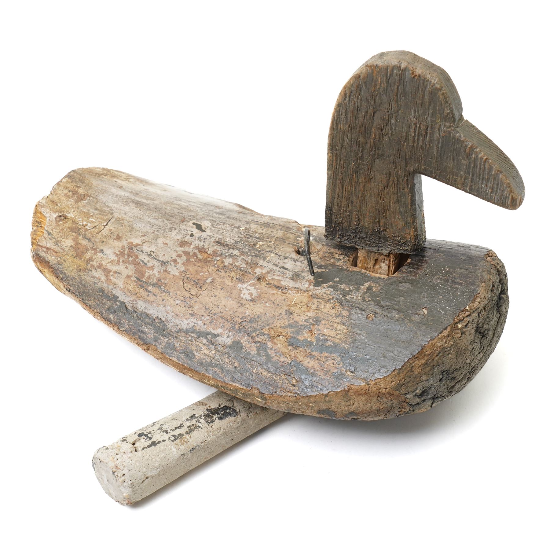 Antique naive wooden decoy duck with nodding head and balancing weight L26cm and a copper shot flask (2)