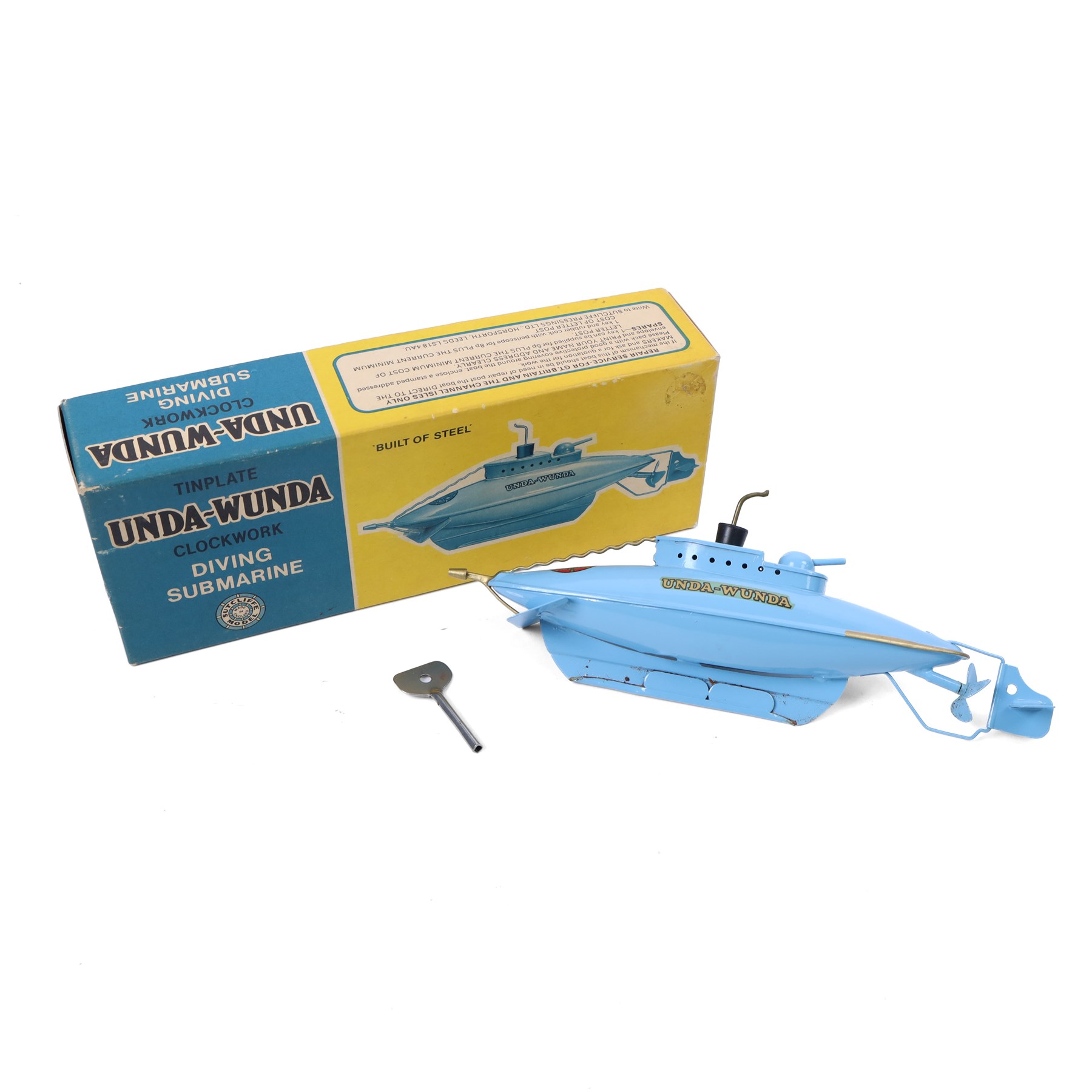 Sutcliffe Models 'Unda-Wunda' tinplate clockwork diving submarine, in pale blue livery with metallic gold details, with rubber bung and key, boxed