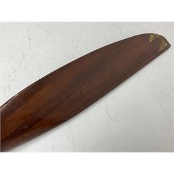 Early 20th century Avro 504 80HP Gnome laminated mahogany two-blade propeller with metal centre to the hub, stamped to the face of the hub 'AVRO Y80 80HP GNOME TYPE 504 & 504A A.I.D.29 A.I.D.32 1545' and to the sides of the hub '2744 DIA 1829 PITCH' and '1470'; traces of A.V. Roe & Co Ltd Manchester transfers to both blades L273.8cm; Auctioneer's Note: The Avro 504 was introduced in 1913 and was quickly taken up by the Royal Flying Corps as a trainer and observation machine; robust and versatile it remained in general service as a trainer until the late 1920s then widely for civilian use as a joy-rider and for stunt displays. The legendary RAF WWII ace, Douglas Bader, took instructions and would have had his first solo flight in just such a machine.