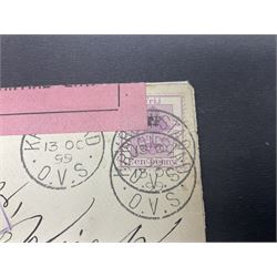 South Africa, Orange Free State, partial cover with one penny stamp cancelled with various postmarks 'Stopped By Censor Return To Sender' purple rectangular stamp and 'V R Opened Under Martial Law' pink slip and three telegrams with various stamp values
