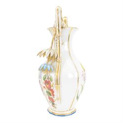 Large mid 19th century French porcelain vase, of baluster form with raised twin handles with applied stylised flower heads, the body painted with panels of pronounced floral sprays within blue and gilt borders, H58cm