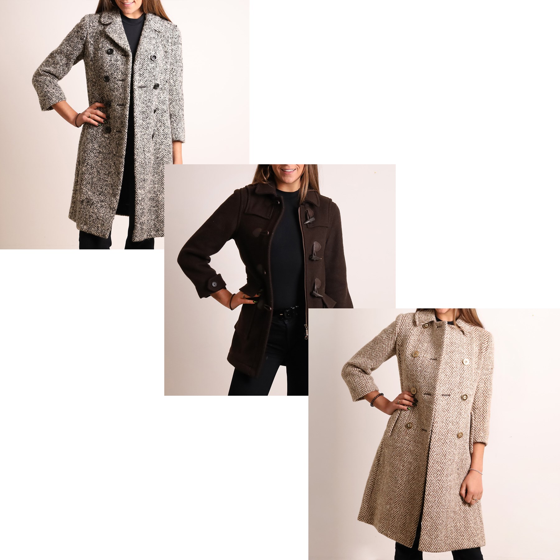 Barbour and Aquascutum - three ladies’ coats, comprising a Barbour Classic Duffle in dark brown wool blend with toggle fastenings and signature tartan lining, size UK 8, together with two Aquascutum herringbone wool coats, each double-breasted and fully lined, both bearing Regent Street London labels (3)